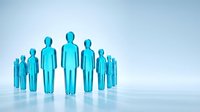 Blue translucent human figures standing in group formation representing teamwork, leadership, and corporate hierarchy for business presentations.