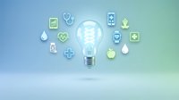 Light bulb with medical healthcare icons floating around on gradient blue green background representing innovation in medicine and health technology solutions.