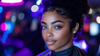 Young African American woman with curly hair in nightclub setting with colorful bokeh lights creating vibrant atmosphere for portrait photography.