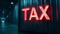 Glowing red neon tax sign on dark background with moody atmosphere and dramatic lighting creates stark contrast in empty urban corridor setting.