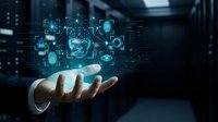 Businessman hand presenting holographic digital technology icons and data analytics in modern server room environment for business innovation.
