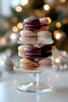 French macarons in chocolate and vanilla flavors arranged on crystal cake stand with soft bokeh lights background, elegant dessert display for celebrations.