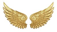 Golden ornate angel wings with decorative swirls and feather details isolated on transparent background for luxury design projects and spiritual concepts.
