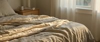 Unmade bed with golden satin sheets and pillows in bright morning sunlight from window, cozy bedroom interior with natural light and soft furnishings.