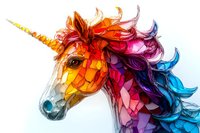 Magical unicorn head with rainbow-colored geometric fragments and flowing mane in vibrant spectrum from orange to blue against light background. Modern fantasy art style.