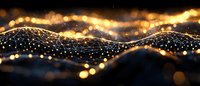Abstract network visualization with glowing golden particles and bokeh lights forming wave-like structures against dark background. Digital connectivity concept.