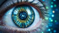 Close-up of human eye with AI symbol in iris surrounded by digital data streams and glowing blue technology elements representing artificial intelligence.