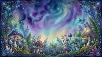 Enchanted forest scene with glowing mushrooms, swirling aurora sky, and ornate decorative border featuring mystical flora and fauna elements for fantasy artwork and magical themed designs.