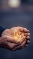 Protective hands holding glowing family figures representing care, security and life insurance coverage for loved ones.