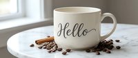 White ceramic mug with Hello script lettering surrounded by coffee beans and cinnamon sticks on a marble table in natural light.