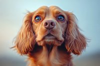 Close up portrait of Cavalier King Charles Spaniel with bright blue eyes and ruby colored coat against soft blurred background, looking directly at camera.