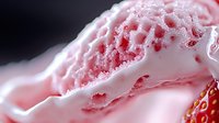 Creamy strawberry ice cream macro shot showing soft texture and swirls of pink and white frozen dessert with fresh berry pieces in cold refreshing treat.