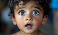 Close up portrait of young South Asian toddler with striking blue eyes and expressive face showing wonder and amazement against blurred background.
