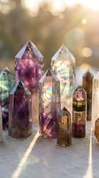 Collection of colorful healing crystals and gemstone points arranged on wooden surface with warm golden sunlight and bokeh background for meditation.