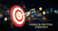 Red target with arrow hitting bullseye center against dark background with golden bokeh lights for business success and goal achievement concepts.