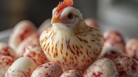 Red and white speckled chicken sitting among matching spotted eggs, close-up portrait showing detailed feather pattern and bright red comb in soft natural lighting.