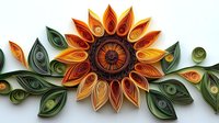 Quilled paper sunflower art with vibrant orange petals and green leaves on white background, handcrafted decorative wall piece showcasing intricate paper rolling technique.