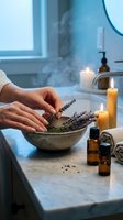 Hands preparing lavender aromatherapy treatment in ceramic bowl with steaming water, candles and essential oils for spa relaxation and wellness ritual.