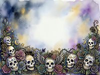 Watercolor illustration featuring ornate skulls and roses in gothic style with decorative flourishes, creating a mystical border frame on white background. Suitable for Halloween designs, gothic artwork, and alternative fashion projects.