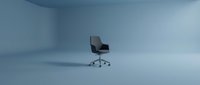 Modern black office chair with wheels on minimalist blue background, suitable for corporate, interior design, and furniture catalog projects.