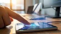 Business professional using digital tablet with holographic data visualization interface for modern technology and analytics applications.