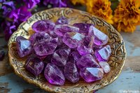 Raw amethyst crystals displayed on ornate golden plate with purple and orange flowers, creating mystical healing atmosphere on rustic blue surface.