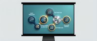 SEO optimization strategy displayed on monitor screen with connected icons showing analytics, automation, and digital marketing workflow.