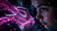 Young Asian woman profile with glowing pink particles and magical sparkles floating in dark space creating ethereal dreamy atmosphere for fantasy concepts.