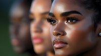 Young African American woman with flawless glowing skin, natural makeup, and confident expression in warm evening light, multiple reflections create artistic portrait.