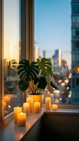 Cozy apartment windowsill with monstera plant and glowing candles overlooking blurred city skyline at golden hour for home decor and lifestyle content.