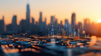 Modern cityscape silhouette at sunset with glowing lights and reflections creating futuristic urban landscape effect, dramatic orange sky and illuminated skyscrapers.
