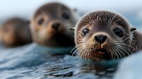 Adorable seal pup with whiskers swimming in ocean water with family group in background, marine wildlife conservation concept for educational materials.