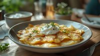 Homemade ravioli pasta topped with creamy sauce, fresh herbs and grated parmesan cheese served on ceramic plate in rustic restaurant setting.