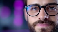 Close-up portrait of bearded Caucasian man with glasses against purple bokeh background. Professional headshot for business profiles.