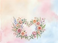 Floral heart wreath with roses and wildflowers on soft watercolor background for romantic wedding invitations and Valentine's Day greeting cards.
