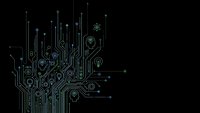 Digital circuit board tree with glowing blue and green connections on dark background for technology and innovation concepts.
