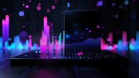 Futuristic laptop with glowing neon audio waves and floating particles against dark background creates cyberpunk atmosphere for music and technology concepts.