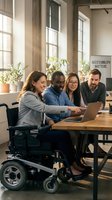 Diverse multiethnic team collaborating around laptop in modern office, including a woman in wheelchair, promoting inclusion and accessibility in workplace.