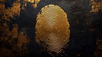 Golden fingerprint impression on dark textured background with metallic copper accents, symbolizing security, identity, and digital authentication.