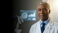 Professional African American male doctor in white coat and blue tie standing confidently in modern medical facility with advanced equipment background.