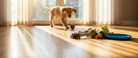 Golden retriever playing with toys on wooden floor in sunlit room with window and curtains.