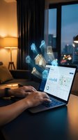 Professional using laptop with holographic real estate icons and analytics dashboard in modern office during evening hours for property management.