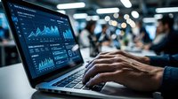 Male professional analyzing financial data and stock market charts on laptop screen in modern office environment with colleagues in background.