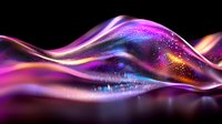 Glowing abstract waves in purple and pink colors with sparkles and light effects on black background create dynamic flowing motion and energy.