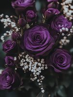Deep purple roses with white baby's breath create an elegant floral arrangement against dark background, suitable for wedding, event, and greeting card designs.