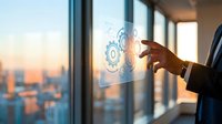 Businessman touching digital gear icons on glass window with city skyline at sunset, representing technology innovation and business strategy.