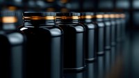 Dark glass bottles with metal caps lined up in pharmaceutical or supplement manufacturing facility for product packaging and distribution.