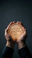 Male hands holding glowing orb with renewable energy symbol, representing sustainable business solutions and environmental responsibility for corporate and green energy concepts.