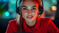 Young Asian woman in red hoodie wearing headphones smiling at camera with neon lighting and bokeh background creating modern urban nighttime atmosphere.