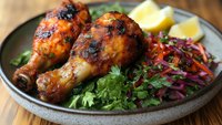 Grilled chicken drumsticks with spicy marinade served on ceramic plate with fresh coleslaw, herbs, and lemon wedges for a complete meal.